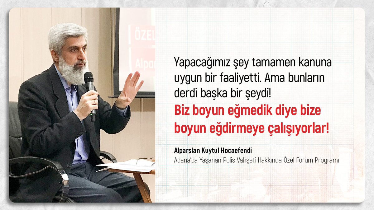 Yapacağımız şey tamamen kanuna uygun bir faaliyetti. Ama bunların derdi başka bir şeydi! Biz boyun eğmedik diye bize boyun eğdirmeye çalışıyorlar!

Provokatörler GörevdenAlınsın
#AdanaEmniyeti