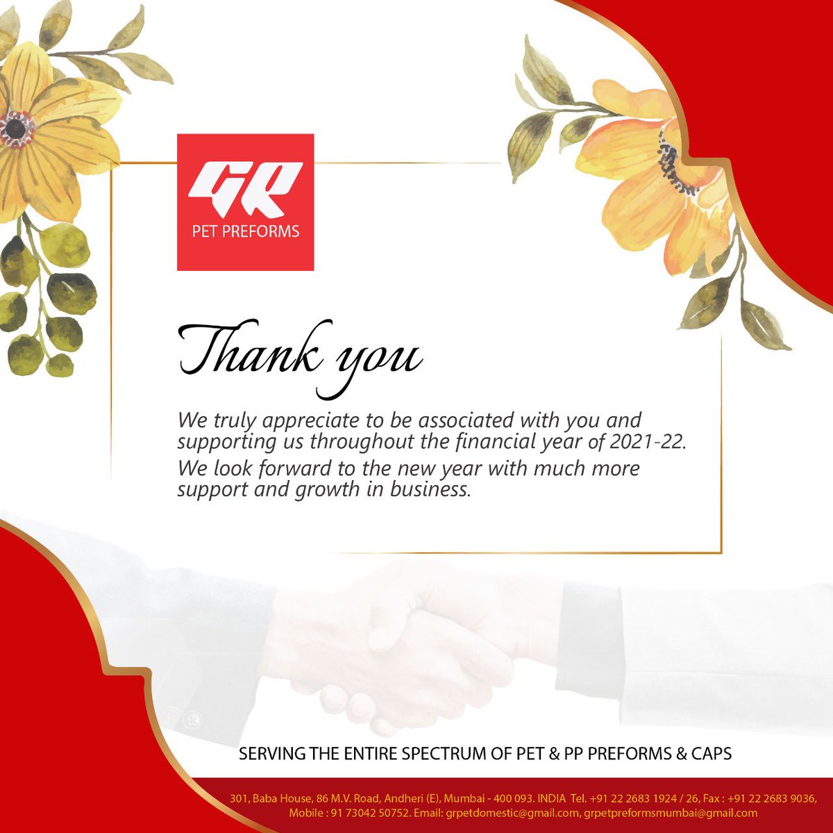 GPreforms's tweet photo. GR PET Preforms thanks all for being associated with us during the financial year 2021-2022 and supporting us throughout. We look forward to continued support and growing business in the new financial year!
#financialyearend
#grpet https://t.co/PIUJIV8H0A