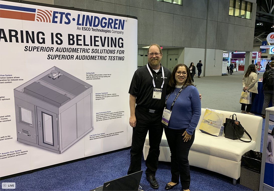 ETSLindgren's tweet photo. Diana Lajon stopped into our #HTE22 / #AAAConf22 Booth 1901 to talk with @ETSLindgren expert Scott Dunlap about our Acoustical Solutions for her audiological business soon to open in Panama—come see how we can help your business! https://t.co/yEVYorA4fh