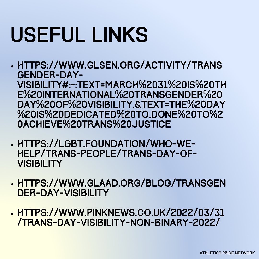 Today’s Trans Day of Visibility!!🏳️‍⚧️

TDOV (31st March every year) is a day to celebrate trans and non-binary people whilst raising awareness for all the discrimination and hardship faced by trans people worldwide. 

We see you, we celebrate you and we stand by you !

💙💗🤍💗💙