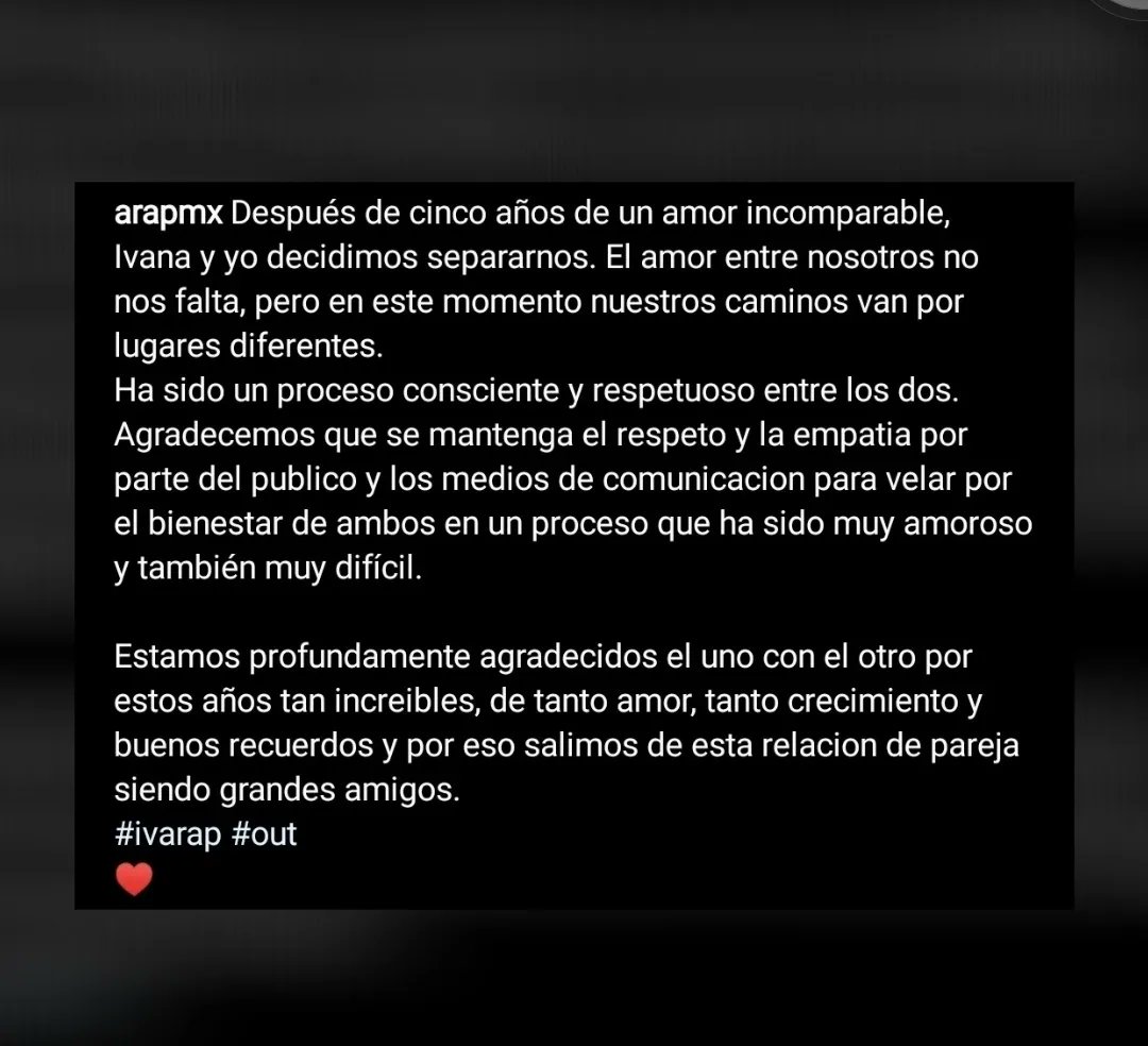 lenguilargoss's tweet photo. @arapmx anuncia su rompimiento con Ivana de María, tras 5 años de relación. https://t.co/8GVE0eESbW