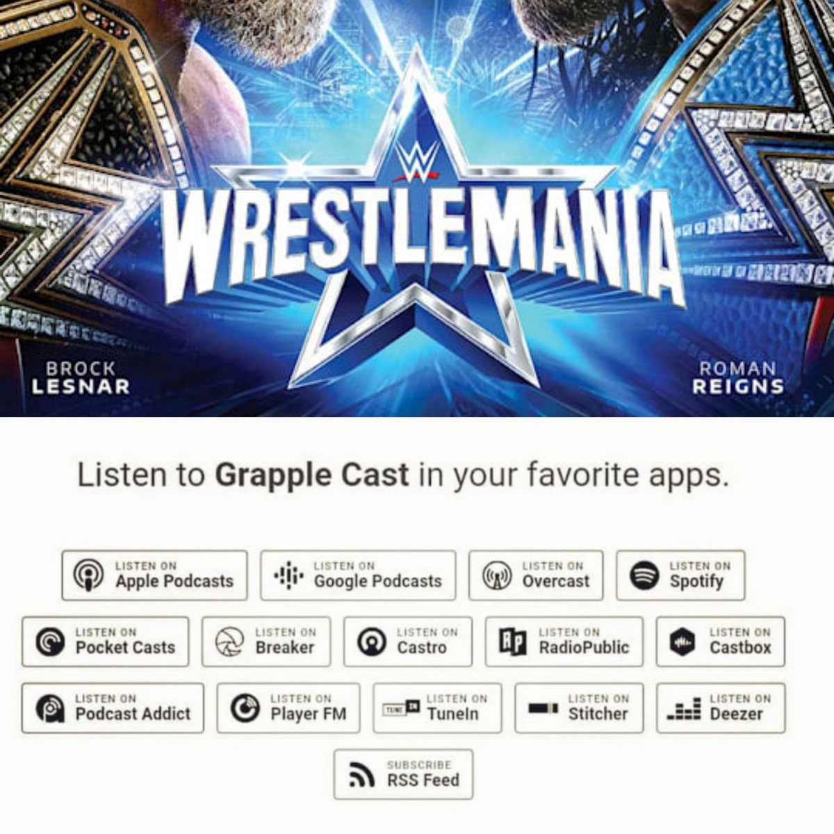 WRESTLEMANIA BABY! WOO! Our Preview and predictions episode is now live! Download, subscribe, or stream now! 

grapplecast.transistor.fm/episodes/episo…

#wwe #wweraw #smackdown #aew #aewdynamite #aewrampage #wrestling #wrestlingpodcast #wrestlingcommunity #podcast #wrestlemania #lesnar #reigns