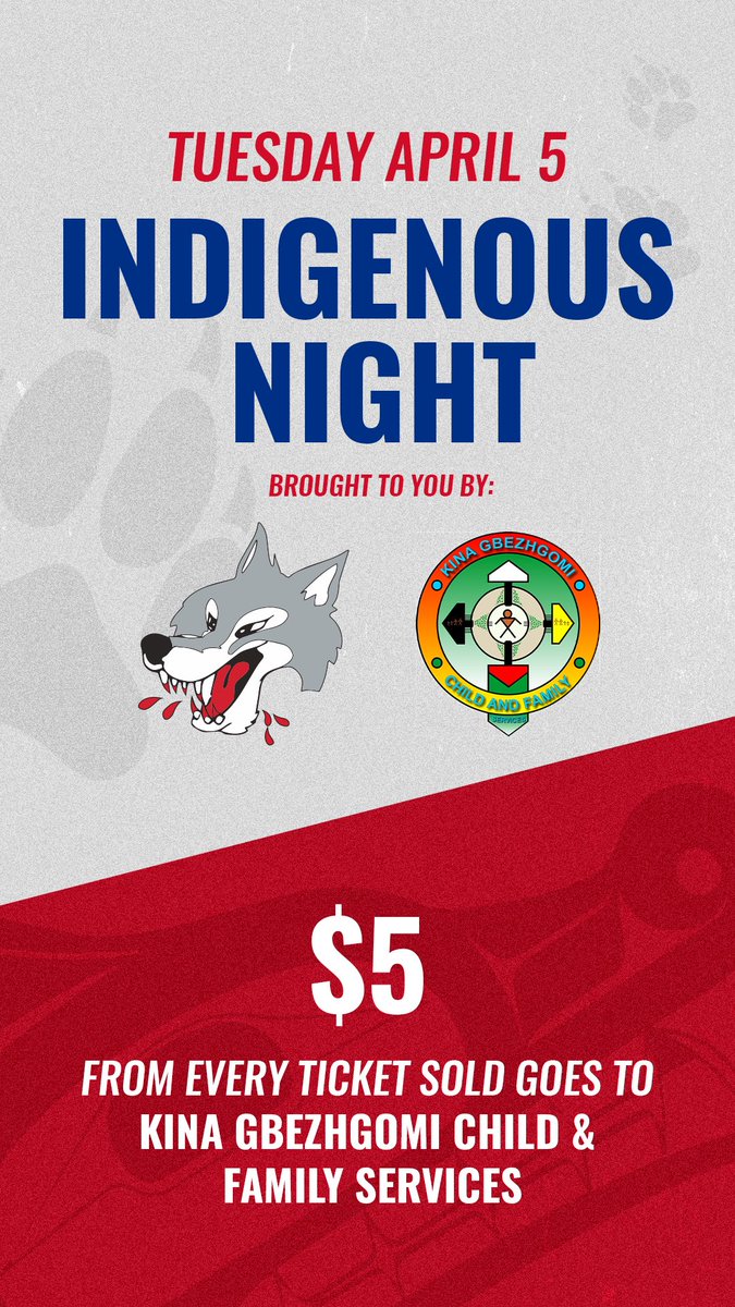 KGCFS's tweet photo. Please join the Sudbury Wolves (SWSE) and KGCFS on Indigenous Game Night at the Sudbury Arena on Tues. Apr. 5, 2022 at 7 p.m.
Online link for tickets to the game is here: https://t.co/g4XYTSp33v…
Promo code: WOLVES22
#GoWolvesGo #KGCFS #SWSE #IndigenousNight https://t.co/2pYf5bmhrA