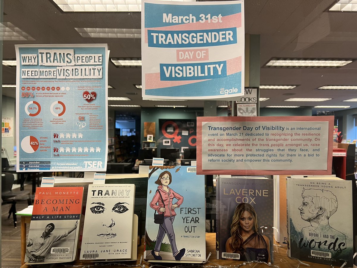 rhsaLibrary's tweet photo. Today we’re celebrating Transgender Day of Visibility with a Lunch &amp; Learn. We learned about the library’s Trans collection, watched a short doc &amp; talked.
#rhsa #rhsaLibrary #tdsblibrary  #tdsb #RosedaleHeightsSchoolOfTheArts 
#SchoolLibraryJoy #ONSchoolLibraries #oslacouncil https://t.co/aFhwPwYeqd