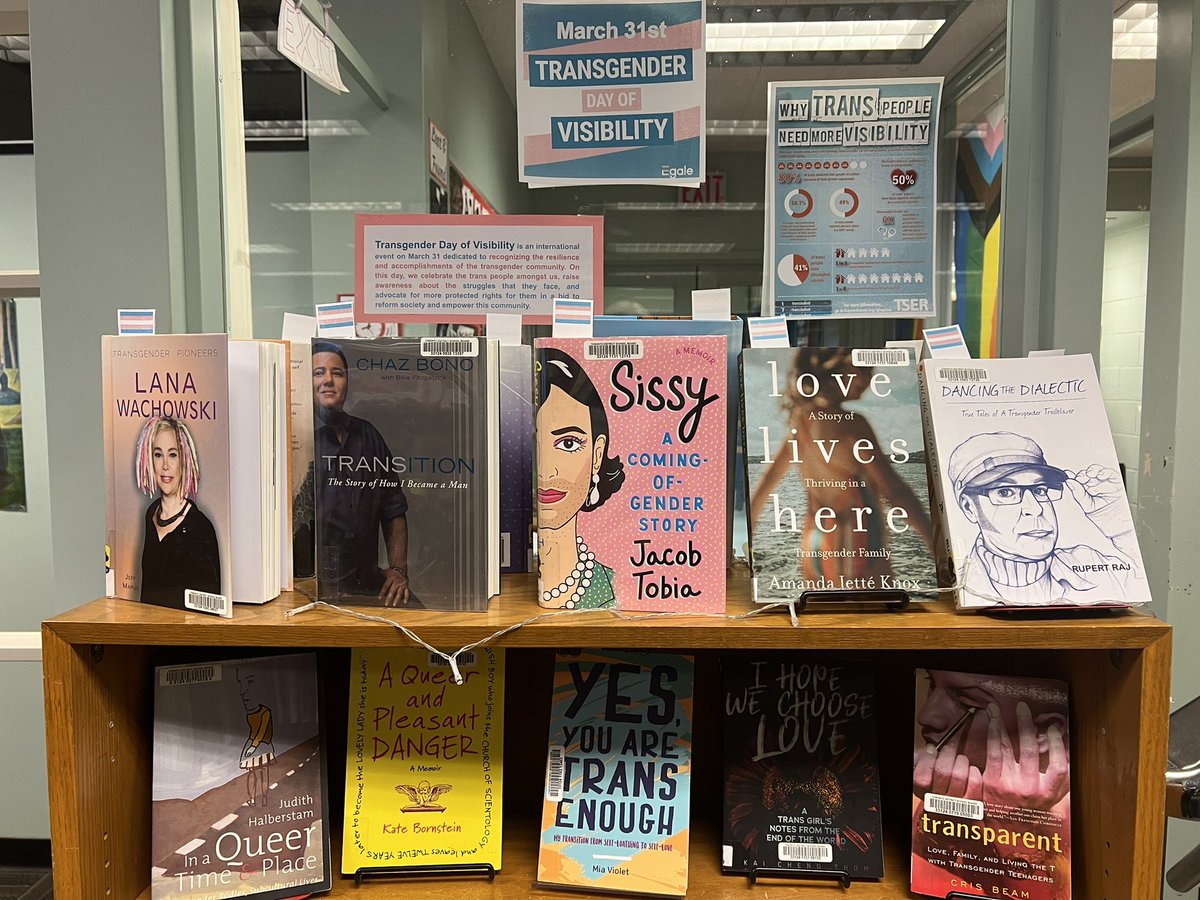 rhsaLibrary's tweet photo. Today we’re celebrating Transgender Day of Visibility with a Lunch &amp; Learn. We learned about the library’s Trans collection, watched a short doc &amp; talked.
#rhsa #rhsaLibrary #tdsblibrary  #tdsb #RosedaleHeightsSchoolOfTheArts 
#SchoolLibraryJoy #ONSchoolLibraries #oslacouncil https://t.co/aFhwPwYeqd