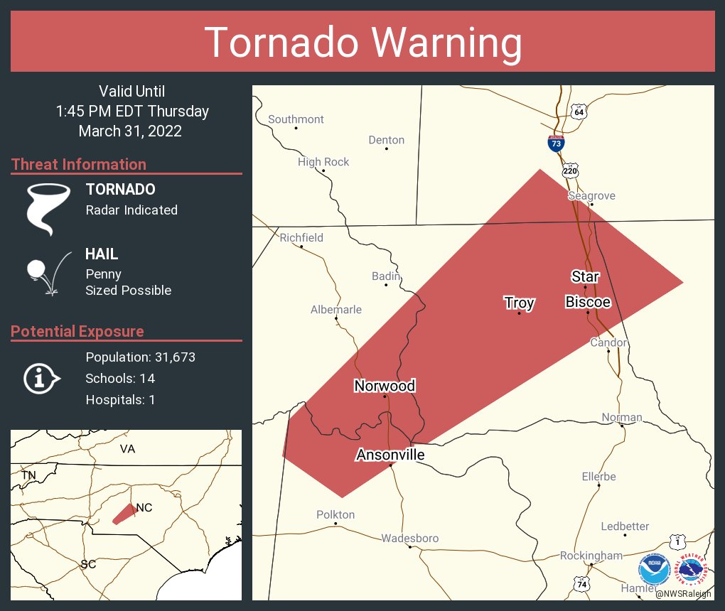 NWS Tornado on Twitter "Tornado Warning including Troy NC, Norwood NC