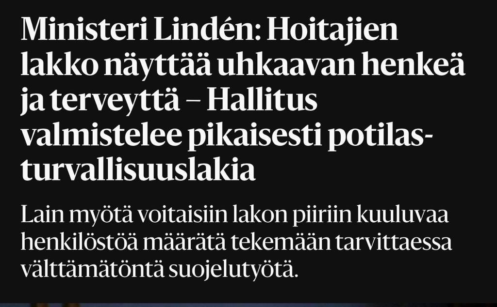 EvaTawasoli's tweet photo. Nyt valmistellaan pakkolakia, jottei 25000 hoitajan kahden viikon lakko aiheuttaisi haittaa. Olisimmepa edes puoliksi yhtä huolissaan siitä, että 2030 mennessä Suomessa on arvioitu olevan yli 30000 hoitajan jatkuva työvoima-aukko, jos alan palkkatasolle ei tehdä täysremonttia. https://t.co/dwFYzieqVB