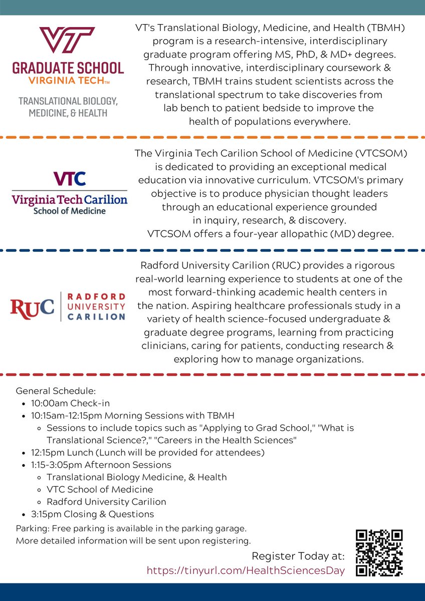 📢ATTN Prospective Students: Interested in pursuing a graduate education in the health sciences? Join TBMH, along with <a href="/vtcsom/">Virginia Tech Carilion School of Medicine</a> and <a href="/RUCRoanoke/">Radford University Carilion</a> to learn about programs offered in the Roanoke area!