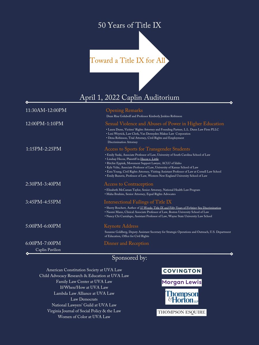 Excited to hear from @RisaGoluboff <a href="/ProfKJRobinson/">Kimberly Jenkins Robinson</a> @LauraLDunnEsq @lexiweyrick <a href="/eppink/">Ritchie Eppink</a> @KyleVelte @SherryBoschert (and more!) about the impact of Title IX over the last 50 years, and how #TitleIX can protect more people moving forward