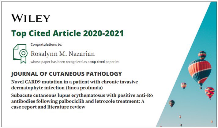 Pleased to share this news! Grateful to my collaborators for their contribution. 

#topcitedarticle #dermpath <a href="/harvardmed/">Harvard Medical School</a> <a href="/MGHPathology/">MGH Pathology</a> <a href="/JCutaneousPath/">J Cutan Pathol</a> #WomenInSTEM