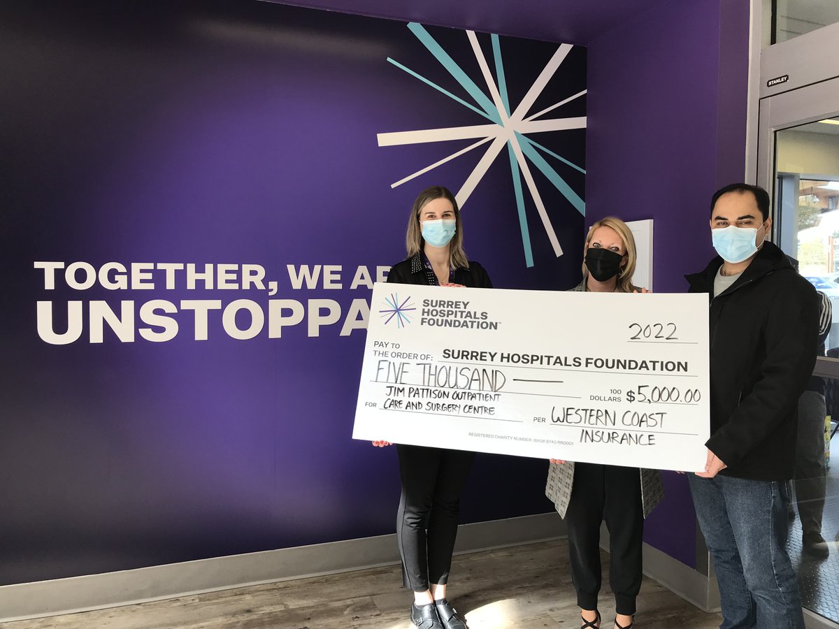 SurreyHospFdn's tweet photo. Thank you to Western Coast Insurance for generously supporting life-changing care at Jim Pattison Outpatient Care and Surgery Centre with their $5,000 gift! Together, we are unstoppable. #UnstoppableChampions #SurreyBC #JPOCSC https://t.co/YWpUZALmm9