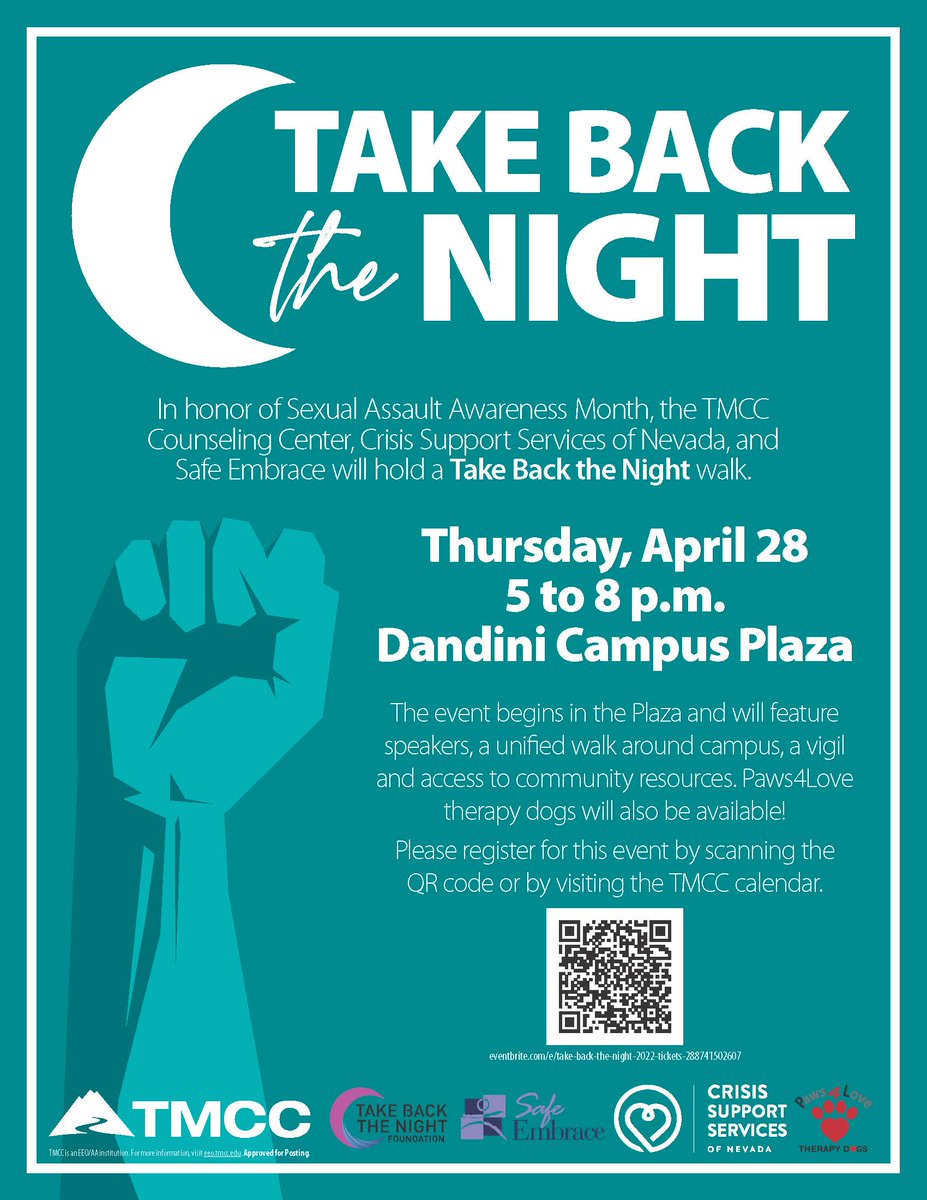 SafeEmbrace's tweet photo. We're holding our Take Back The Night event at TMCC this year!

We'd love if you would join on us on Thursday April 28th.

Register with the QR code above or click here to RSVP:

https://t.co/9CsIJu5umZ https://t.co/teIYEBjIBu
