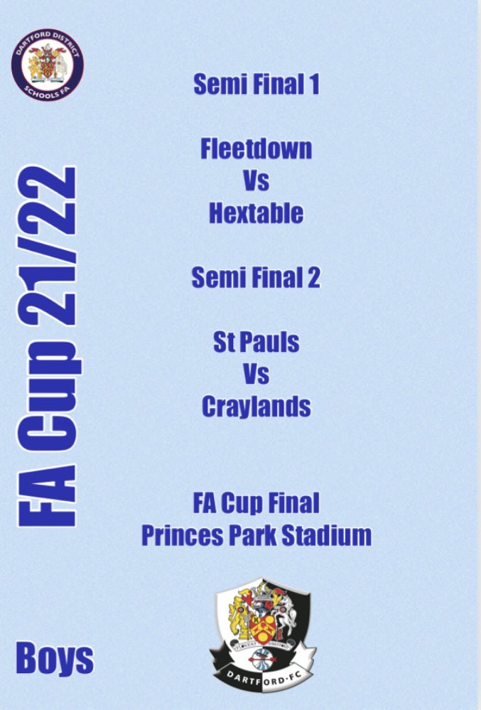 DartfordSchFA's tweet photo. FA Cup Finals nights coming in May @dartfordfc 

@fleetdown v @hextableprimary 
@StPaulsSwanley v @Craylands 

@BrentPrimary v @Wentworthonline 
Fawkham v @SedleysPrimary 

Wilmington v @Craylands 
@StPaulsSwanley v @lat_copa 

Tickets on sale 🔜

@dartfordliving @community_dfc https://t.co/VbPIERDjmo