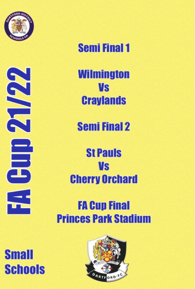 Dartford Schools FA (@dartfordschfa) on Twitter photo FA Cup Finals nights coming in May <a href="/dartfordfc/">Dartford FC</a>
<a href="/fleetdown/">Fleetdown Primary School</a> v <a href="/hextableprimary/">Hextable Primary</a>
<a href="/StPaulsSwanley/">St. Paul's CoE Primary School</a> v <a href="/Craylands/">The Craylands School</a>
<a href="/BrentPrimary/">Brent Primary School</a> v <a href="/Wentworthonline/">Wentworth Primary School</a>
Fawkham v <a href="/SedleysPrimary/">Sedley's Church of England Primary School</a>
Wilmington v <a href="/Craylands/">The Craylands School</a>
<a href="/StPaulsSwanley/">St. Paul's CoE Primary School</a> v <a href="/lat_copa/">LAT Cherry Orchard</a>
Tickets on sale 🔜
<a href="/dartfordliving/">Dartford Living</a> <a href="/community_dfc/">Dartford FC Foundation</a> FA Cup Finals nights coming in May <a href="/dartfordfc/">Dartford FC</a>
<a href="/fleetdown/">Fleetdown Primary School</a> v <a href="/hextableprimary/">Hextable Primary</a>
<a href="/StPaulsSwanley/">St. Paul's CoE Primary School</a> v <a href="/Craylands/">The Craylands School</a>
<a href="/BrentPrimary/">Brent Primary School</a> v <a href="/Wentworthonline/">Wentworth Primary School</a>
Fawkham v <a href="/SedleysPrimary/">Sedley's Church of England Primary School</a>
Wilmington v <a href="/Craylands/">The Craylands School</a>
<a href="/StPaulsSwanley/">St. Paul's CoE Primary School</a> v <a href="/lat_copa/">LAT Cherry Orchard</a>
Tickets on sale 🔜
<a href="/dartfordliving/">Dartford Living</a> <a href="/community_dfc/">Dartford FC Foundation</a>