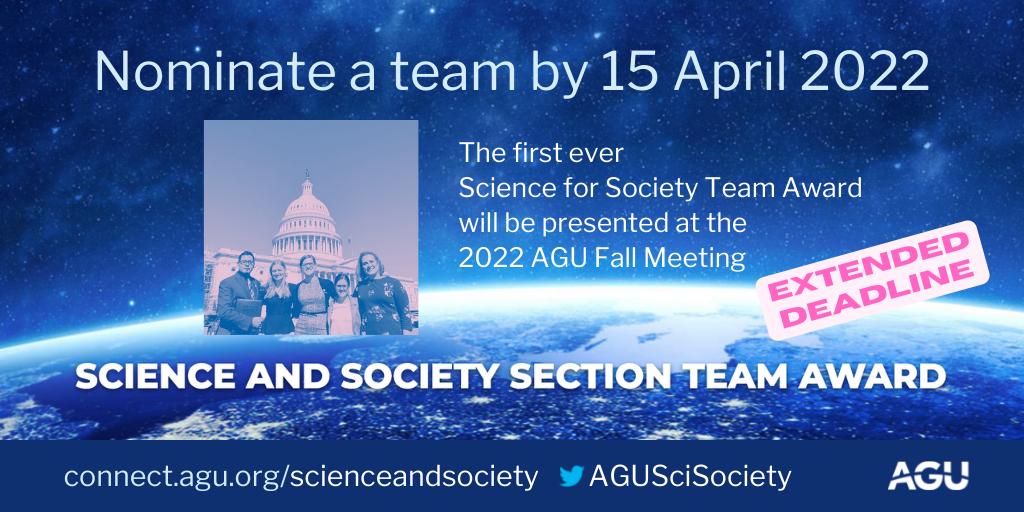 AGUSciSociety's tweet photo. EXTENDED DEADLINE! 🗓️ Nominate a TEAM 👥 for @theAGU inaugural SCIENCE FOR SOCIETY TEAM AWARD 🏆 nominations open NOW through 15 APRIL 2022 #AGU22

https://t.co/nXdrivqeht

For Qs contact @ChrisClavin https://t.co/ckDESzeqVj