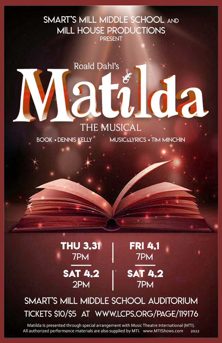smart_pta's tweet photo. Tonight is opening night for Matilda! Congratulations to Mill House Productions and the cast and crew for all your hard work.  Break a leg tonight (because "good luck" is bad luck).  RIDE ON, Mavericks! https://t.co/qtXldaSnCu
