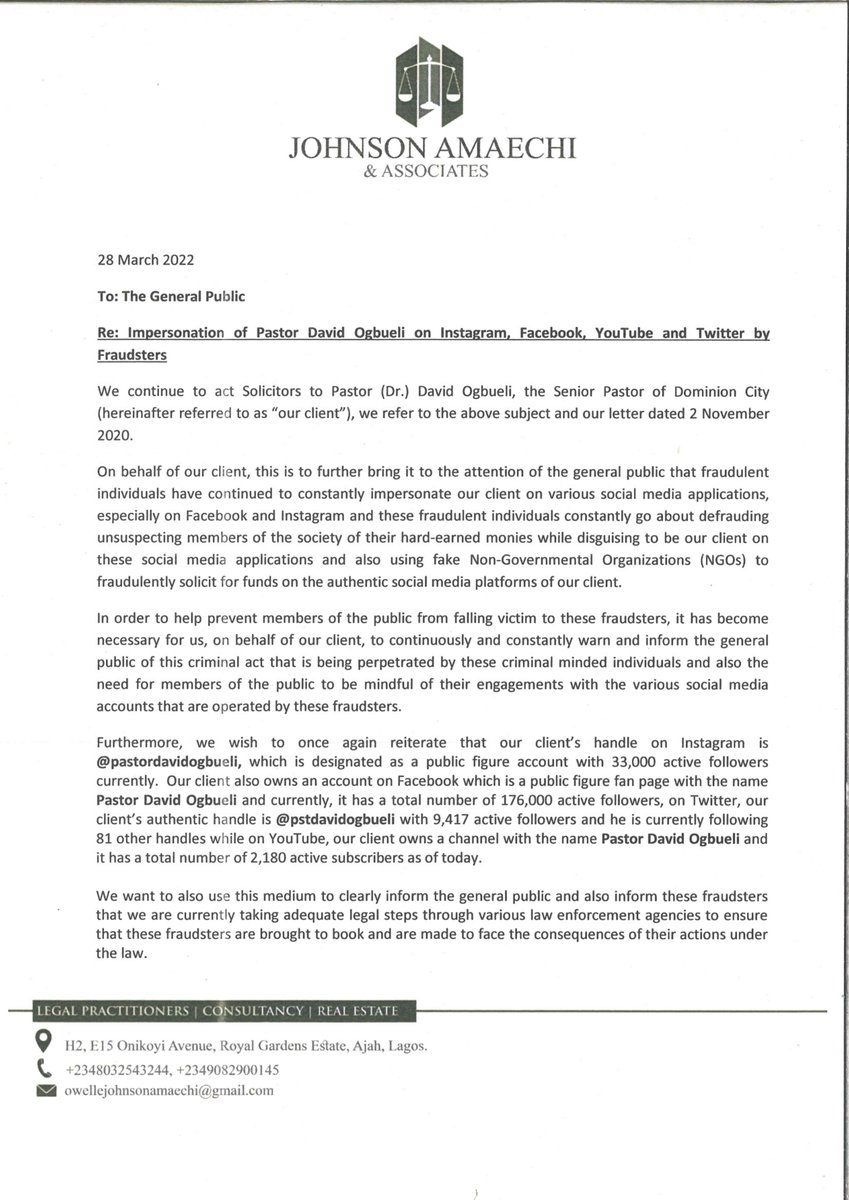 pstdavidogbueli's tweet photo. LEGAL NOTICE: It has been brought to our attention the activity of scammers defrauding the public with impersonation of Dr David Ogbueli. Our solicitors hereby write a stern warning to such scammers &amp; the public hereby advice not to fall victim. Please beware. Thank you. https://t.co/UEAAZKKWrg