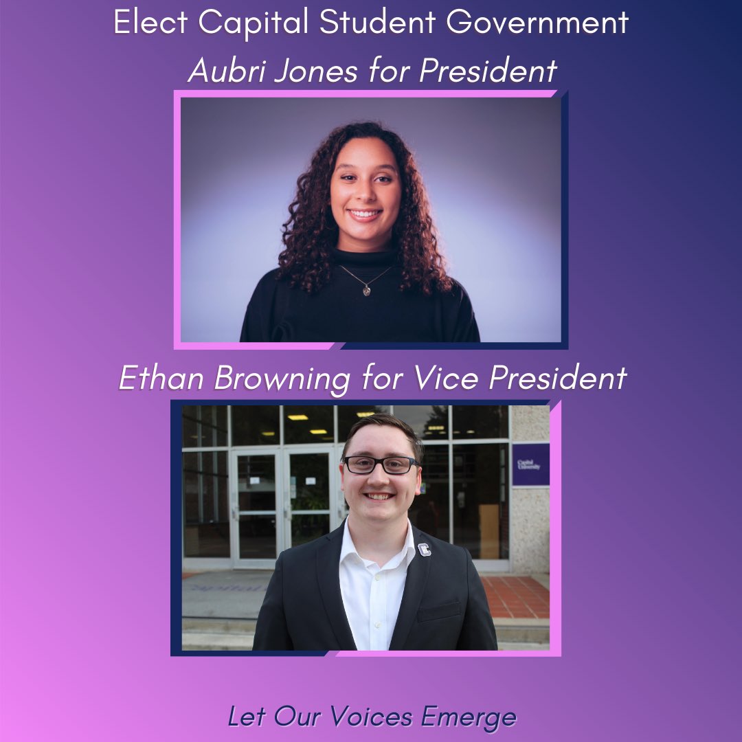 cap_u_love's tweet photo. Hey CapFam! We are your candidates for Student Government President and VP in 2022 and we can’t wait to share our platform and vision for Capital with you!
Our campaign is centered around love, our love for Capital, our love for CapFam, and our slogan “Let Our Voices Emerge.” https://t.co/73wzLCM9Hf