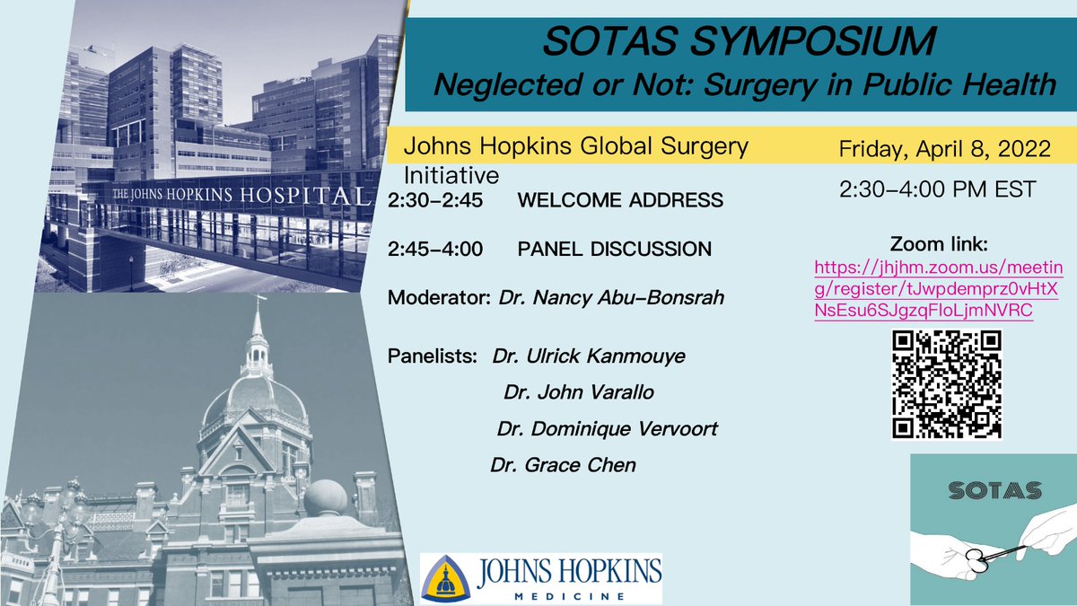 Johns Hopkins Global Surgery (@jhglobalsurgery) on Twitter photo Join us on Friday Apr. 8 at 2.30p ET as we co-host a panel conversation "Neglected or Not? Surgery in Public Health" with <a href="/SOTASociety/">Johns Hopkins SPH SOTAS</a> and several outstanding panelists. We look forward to discussing with <a href="/BonsrahNancy/">Nancy Abu-Bonsrah, MD, MPH</a> @DrJVarallo <a href="/DVervoort94/">Dominique Vervoort</a> <a href="/ulricksidney/">Ulrick Sidney Kanmounye</a> and others! Join us on Friday Apr. 8 at 2.30p ET as we co-host a panel conversation "Neglected or Not? Surgery in Public Health" with <a href="/SOTASociety/">Johns Hopkins SPH SOTAS</a> and several outstanding panelists. We look forward to discussing with <a href="/BonsrahNancy/">Nancy Abu-Bonsrah, MD, MPH</a> @DrJVarallo <a href="/DVervoort94/">Dominique Vervoort</a> <a href="/ulricksidney/">Ulrick Sidney Kanmounye</a> and others!