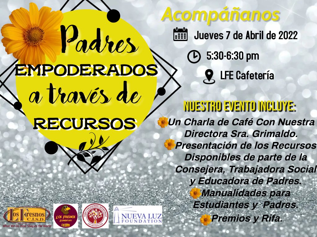 LRE&LFE Victoria Hernandez (@lre_vhdz_lfe) on Twitter photo 🌻Los Fresnos Elementary!🌻
Get your resource on at our parent meeting!🥳👨👩👧👦👨👩👧👦👨👩👧👦
Lots of information and goodies to be given out!📋☕️🥯
See you next Thursday, April 7th!✅️
<a href="/LFEtheplacetobe/">LFE The Place to Be!</a> <a href="/LFCISDFamEngage/">Los Fresnos CISD Family Engagement Office</a> 🌻Los Fresnos Elementary!🌻
Get your resource on at our parent meeting!🥳👨👩👧👦👨👩👧👦👨👩👧👦
Lots of information and goodies to be given out!📋☕️🥯
See you next Thursday, April 7th!✅️
<a href="/LFEtheplacetobe/">LFE The Place to Be!</a> <a href="/LFCISDFamEngage/">Los Fresnos CISD Family Engagement Office</a>