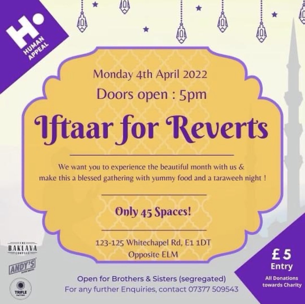 speeds_c's tweet image. Any reverts that may not have muslim friends or family to surround themselves with for when they break their first fast, this place is offering a chance for you to go and enjoy iftaar surrounded by other reverts, £5 entry and all contributions go towards charity