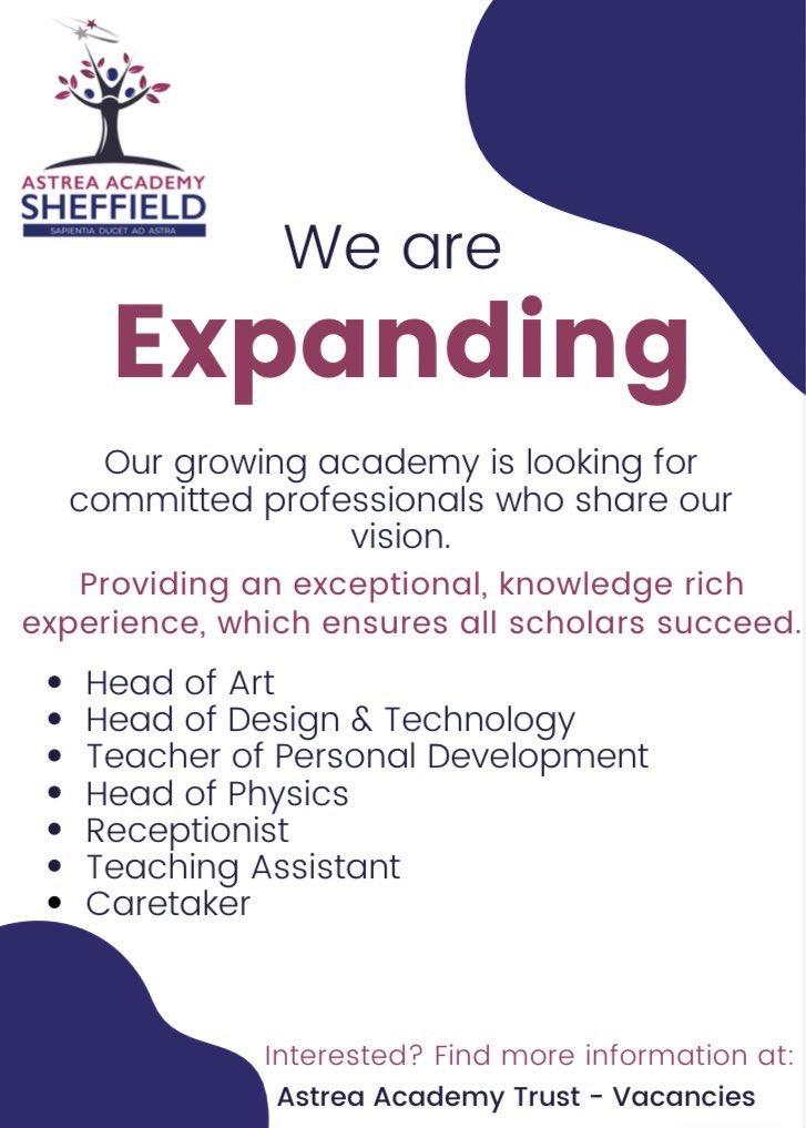 AstreaAcadSheff's tweet photo. ✨ We’re expanding ✨ Pls share these exciting roles with anyone who would fit in to our hardworking team who are committed to doing their best for their community. Book on to our recruitment dinner on 20/04 @ 5pm if you’d like to come &amp; find out more about what we do 🍝 https://t.co/4k7iQxebSj