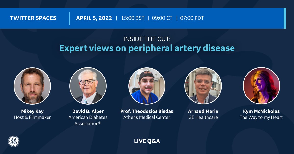 Following the launch of its recent film, The Cut, on April 5, @GEHealthcare is hosting a Twitter Spaces conversation with experts on #peripheralarterialdisease. 

Sign up to hear from leading experts here: bit.ly/3IUJ739

#InsideTheCut #OnTheFrontlines #Type2Diabetes