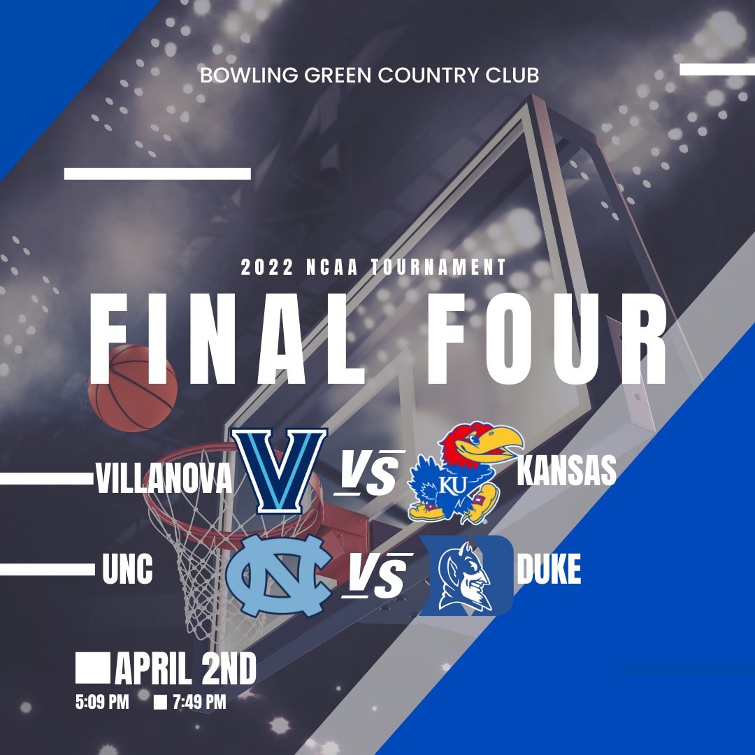 BGCC1913's tweet photo. The NCAA Tournament is having the Final Four teams play this Saturday! The club will be having a very casual watch party: game-day specials and the games on all TVs! Villanova and Kansas play at 5:09 PM with UNC and Duke playing at 7:49 PM. https://t.co/CZ1vignZyG