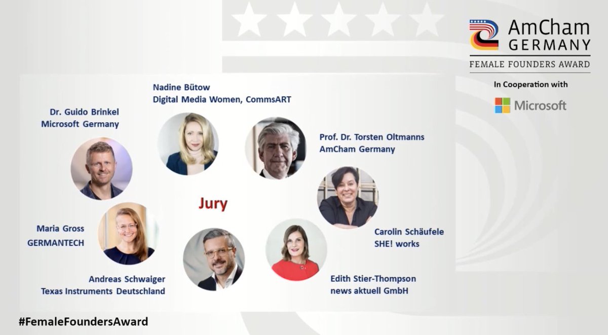 Tonight, @AmChamGermanys celebrates its third #FemaleFoundersAwards honoring amazing female entrepreneurs for their spirit, courage, and future ideas! Such an honor to be part of an incredible jury again!  Grab the link to the livestream here: aka.ms/amcham_award