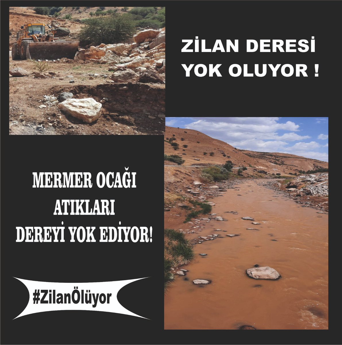 #ZilanÖlüyor Korkunç katliamları belleğinde yaşatan Zilan Vadisi bugün de ekolojik yıkım projeleri ile yok edilmek isteniyor.
HES’lerle boğazlanan, sondajlarla parçalanan vadi şimdi mermer ocağı ile kirletiliyor
Hukuk tanımayan bu şirketi durdurun
Zilan biterse Van Gölü’de ölür.