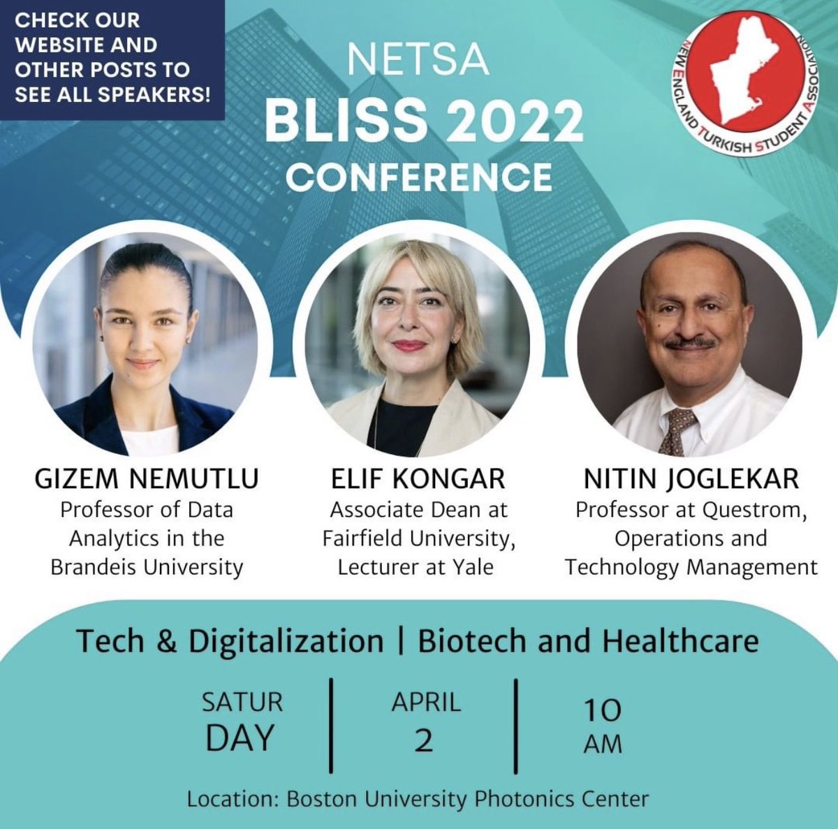 NewEnglandTSA's tweet photo. Here are three more Bliss speakers we have for tech, digitalization, biotech, and healthcare: Gizem Nemutlu, Elif Kongar, and Nitin Joglekar. If you would like to come, you can click on the link below. We hope to see you there! 🇹🇷

https://t.co/aQG3BtQkzN

#conference #bu #mit https://t.co/ehrFEZV9U2