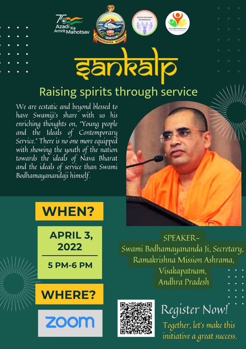 YFGG_India's tweet photo. We proudly announce Swami Bodhamayananda Ji, as the esteemed speaker for the inaugural webinar at Sankalp- Raising spirits through service.

Swami Bodhamayananda Ji is the secretary of Ramakrishna Mission Ashram, Visakhapatnam. https://t.co/74eOn89dvK