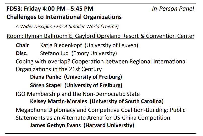 jagevans's tweet photo. Looking forward to our "Challenges to International Organizations" #ISA2022 panel on Friday with @KatjaBiedenkopf @JudStefano @KMart19 @sostapel and Diana Panke

I'll be presenting on "megaphone diplomacy" as a mechanism for US-China competition at the UN. https://t.co/JvHTsh2eqX