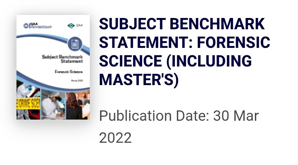 Very excited to announce that the revised #QAA #SubjectBenchmarkStatement for #ForensicScience has been published 🥳🎓: qaa.ac.uk/quality-code/s….

A huge thank you to <a href="/BWJRankin/">Brian Rankin</a>, the #AdvisoryGroup members &amp; <a href="/QAAtweets/">QAA</a>!

#Teaching #Quality #HigherEducation #Forensics #BSc #MSc