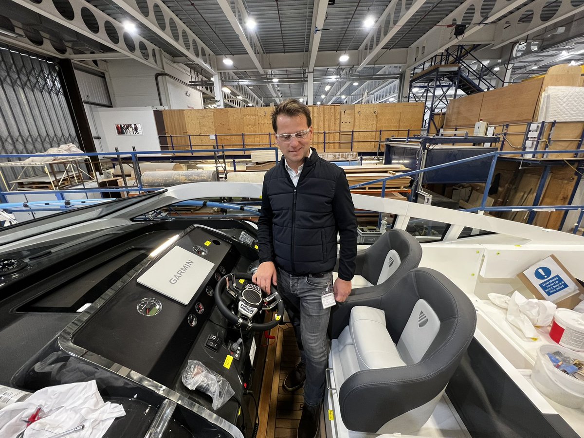 boatscouk's tweet photo. We were at the @FairlineYachts factory again this week. Here is Joe ( from our Fairline Calador office) on a nearly finished F-Line 33 with twin Volvo inboard V8’s ! 🥳 #takingordersnow https://t.co/4msG9Soaqw
