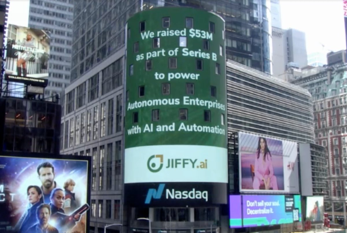 Jiffyai's tweet photo. Our #funding story stands 7 stories tall - in Times Square!

A moment of pride for @Jiffyai — our #SeriesB funding news was on the NASDAQ billboard today. Thank you JIFFYians, for putting your heart and soul into what we are building for the future of #autonomousenterprises. https://t.co/amEQdqOumL