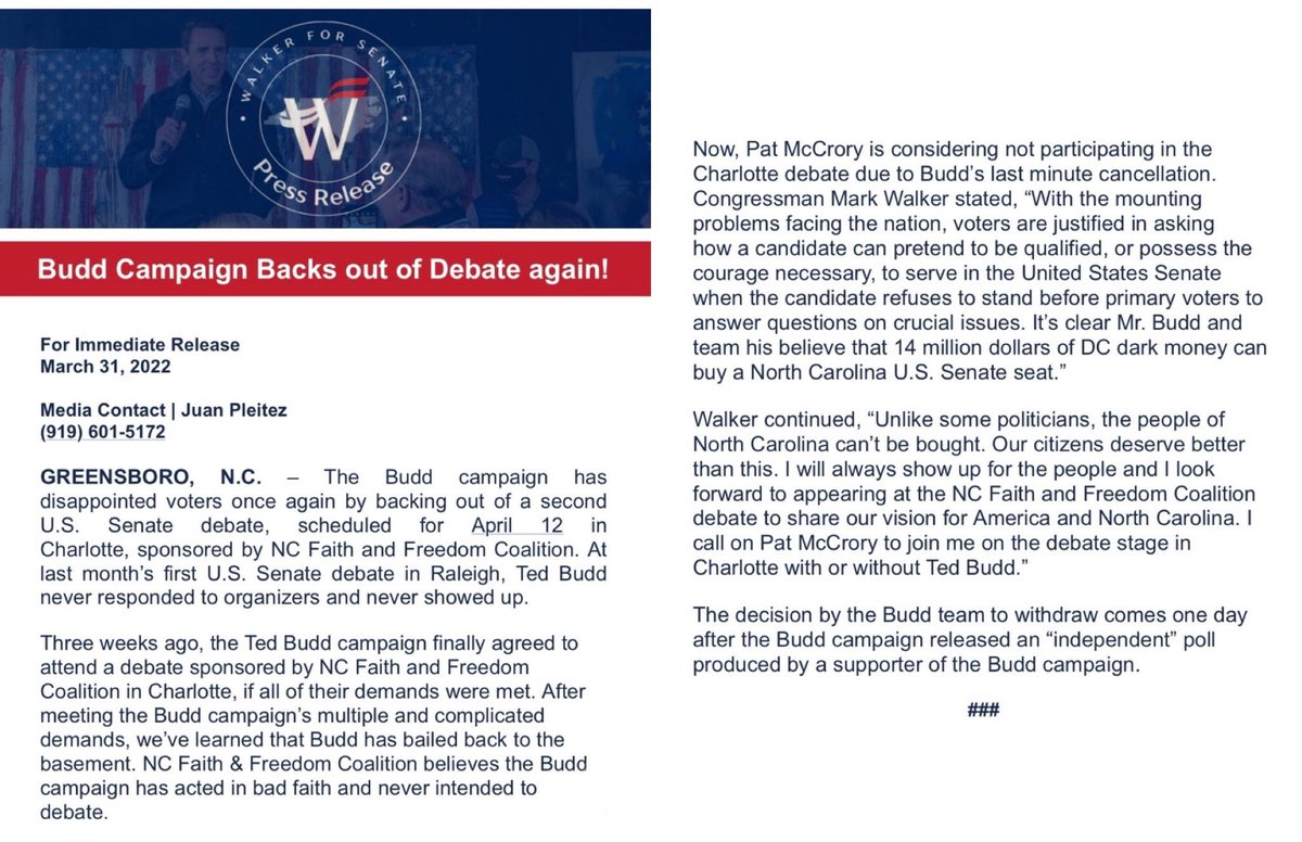 RepMarkWalker's tweet photo. The Ted Budd campaign backs out of 2nd debate after campaign agrees to terms with NC Faith & Freedom Coalition. Sadly, the evidence is clear that Mr. Budd never intended to debate. North Carolina voters deserve better.
#ncsen #markwalkervictory https://t.co/URcoAvcUwH