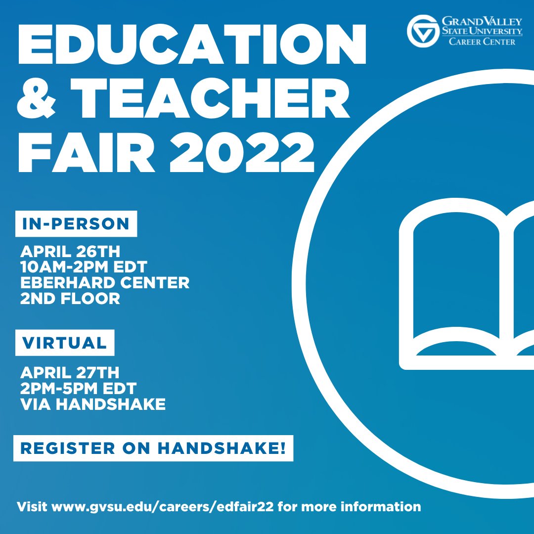 gvsuteach's tweet photo. Register for an In-Person and Virtual Education and Teacher Fair!
In-Person Fair: April 26, 2022 from 10:00 a.m. to 2:00 p.m. - Eberhard Center - 2nd Floor.
Virtual Fair: April 27, 2022 from 2:00 p.m. to 5:00 p.m. – Handshake
Visit https://t.co/KNgFR3n9MD to register now! https://t.co/sk3efxkXhW