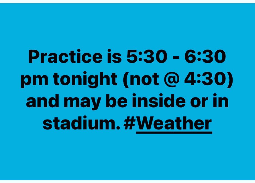Practice is 5:30 - 6:30 pm tonight (not @ 4:30) and may be inside or in stadium. #Weather <a href="/cjmcgavin16/">Colin McGavin</a> <a href="/SpartanWshs/">WSHS Spartans Athletic Boosters</a>
