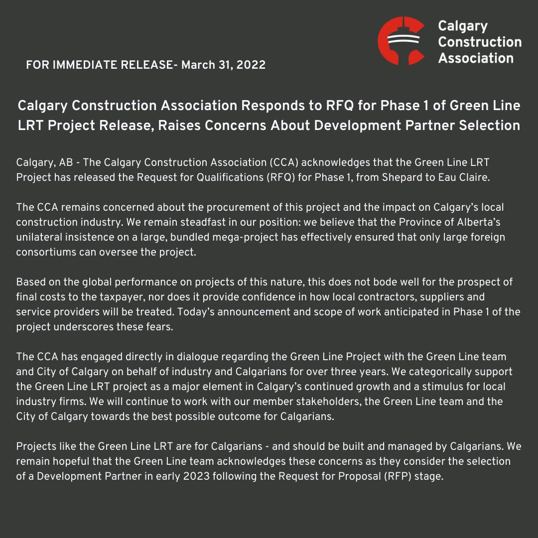 CCAbuildsYYC's tweet photo. #NewsRelease: Calgary Construction Association Responds to RFQ for Phase 1 of Green Line LRT Project Release, Raises Concerns About Development Partner Selection
#yyccc #Calgary #GreenLineLRT https://t.co/ZRfMLby8QK