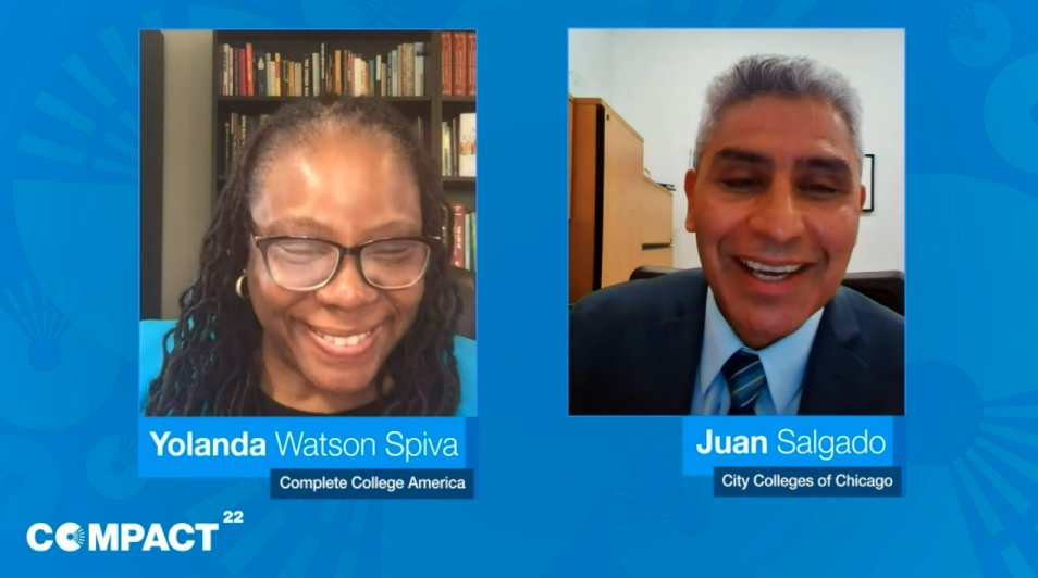 CompleteCollege's tweet photo. Dr. Yolanda Watson Spiva (@CCAPrezYolanda) kicked off day 3 of @Campus_Compact's 2022 Virtual Conference w/ @Chancellor_Juan to share how @ChiCityColleges are student-centered through student support programs, debt forgiveness, & community involvement. #Compact22 https://t.co/gj1At0RAsa