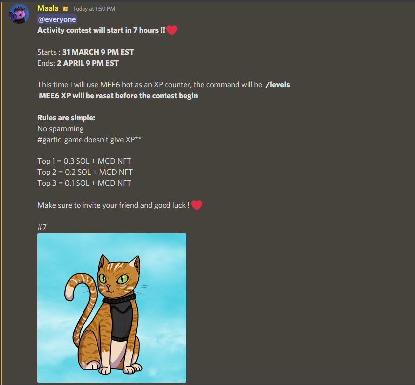 Activity contest starts in 7 hours ! 
Let's get this blow up !! <3 

0.5 SOL + 3 MCD NFT!

#NFTs  #Solana  #NFT #SolanaNFTs #NFTCommuntiy #Giveaways