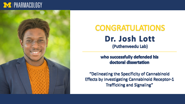 UMPharmacology's tweet photo. Congratulations to Dr.@JoshLott_  (@MPuthenveedu ) who just successfully defended his dissertation, "Delineating the Specificity of Cannabinoid Effects by Investigating Cannabinoid Receptor-1 Trafficking and Signaling." Josh's Committee: @sbarolo @Jutkiewicz_Lab @AlanSmrcka https://t.co/YIzRVn40te
