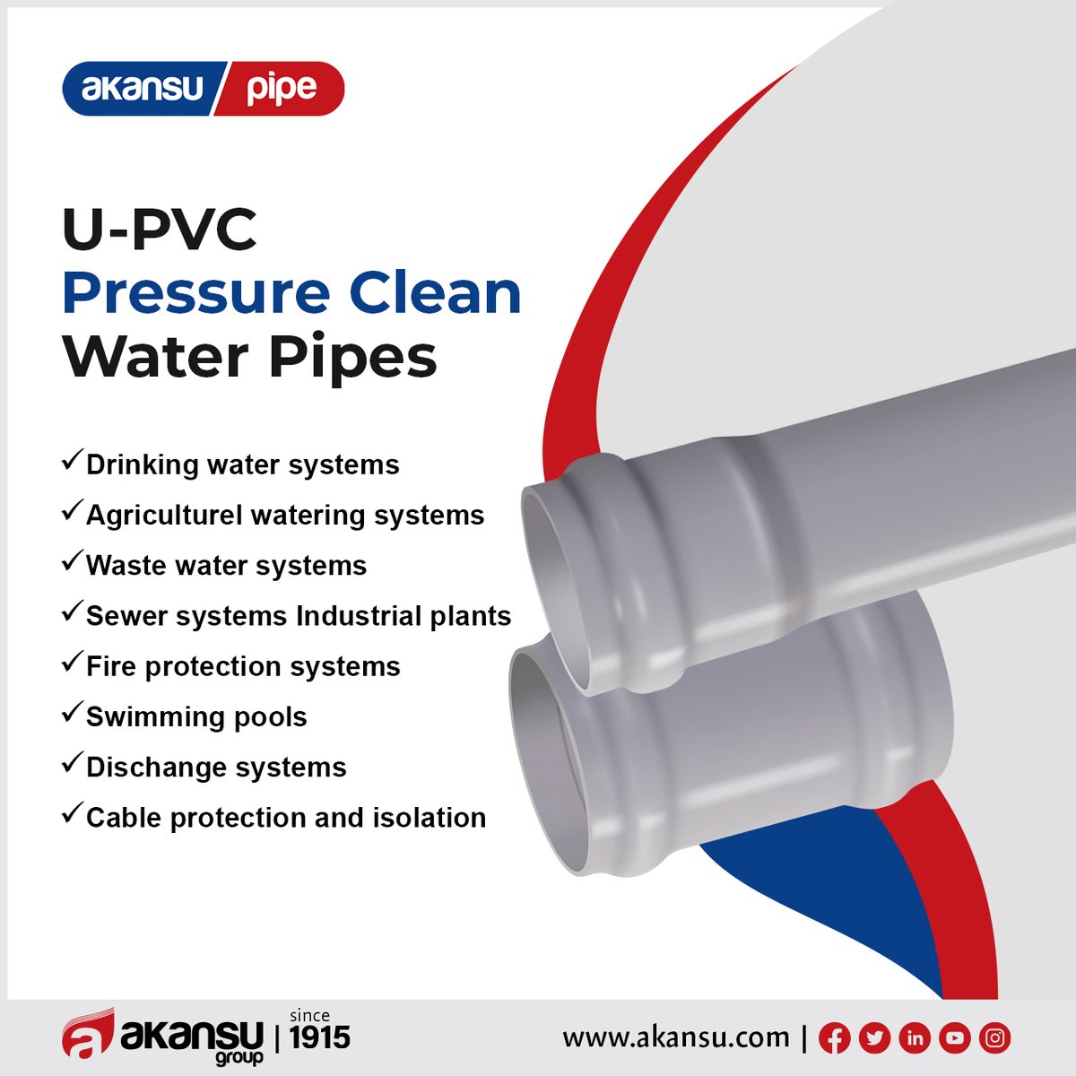 akansugroup's tweet image. U-PVC Pipes: Used in agricultural irrigation systems, sewage systems, industrial facilities, fire systems, swimming pools, discharge lines, cable protection and insulation.
#akansugroup #upvcborular  #pvcboru  #pipe #polietilen #akansupipe #upvcpipe #pvcpipe