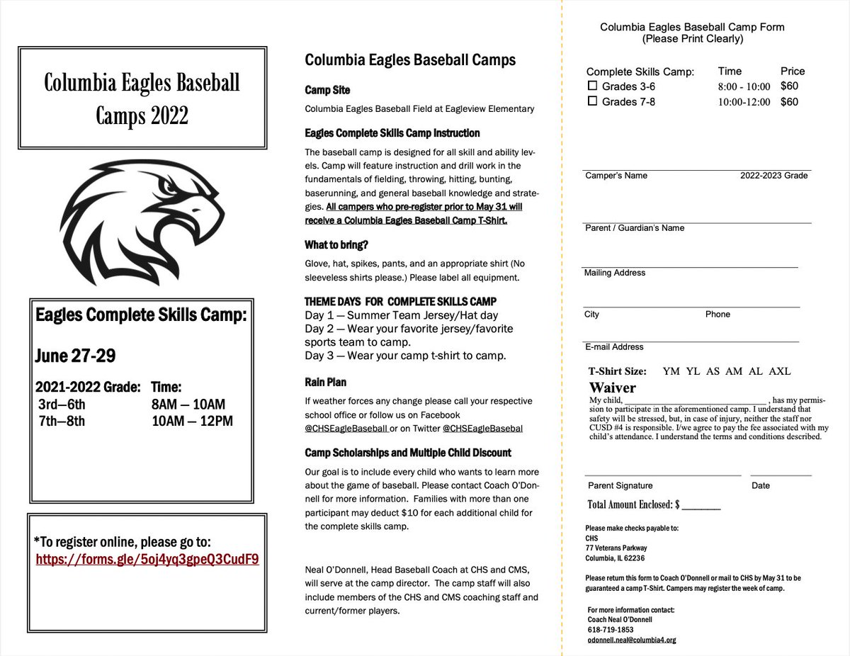 Calling all baseball players! Here's the info for the upcoming 2022 Columbia Eagles Baseball Camps!