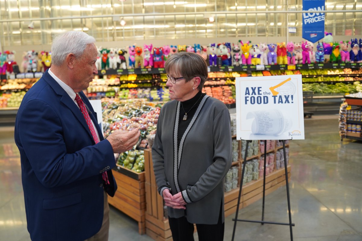 GovLauraKelly's tweet photo. Today I joined Kansas grocery industry leaders at @my_PriceChopper for a roundtable discussion regarding my plan to #AxetheFoodTax. Let's keep Kansas dollars in Kansas and eliminate the state sales tax on food once &amp; for all.🪓 https://t.co/aRq3u72nLo