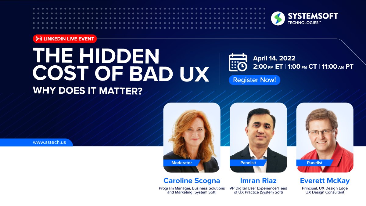 SystemSoft_Tech's tweet photo. Join us April 14th on LinkedIn Live. System Soft and Design Edge's #UX experts debunk common misconceptions and share why good UX must be a priority.
RSVP: https://t.co/KP5PW6Lutb
#BadUX #UXDesign #DesignEdge #DigitalUserExperience https://t.co/MqjRKEYlTu
