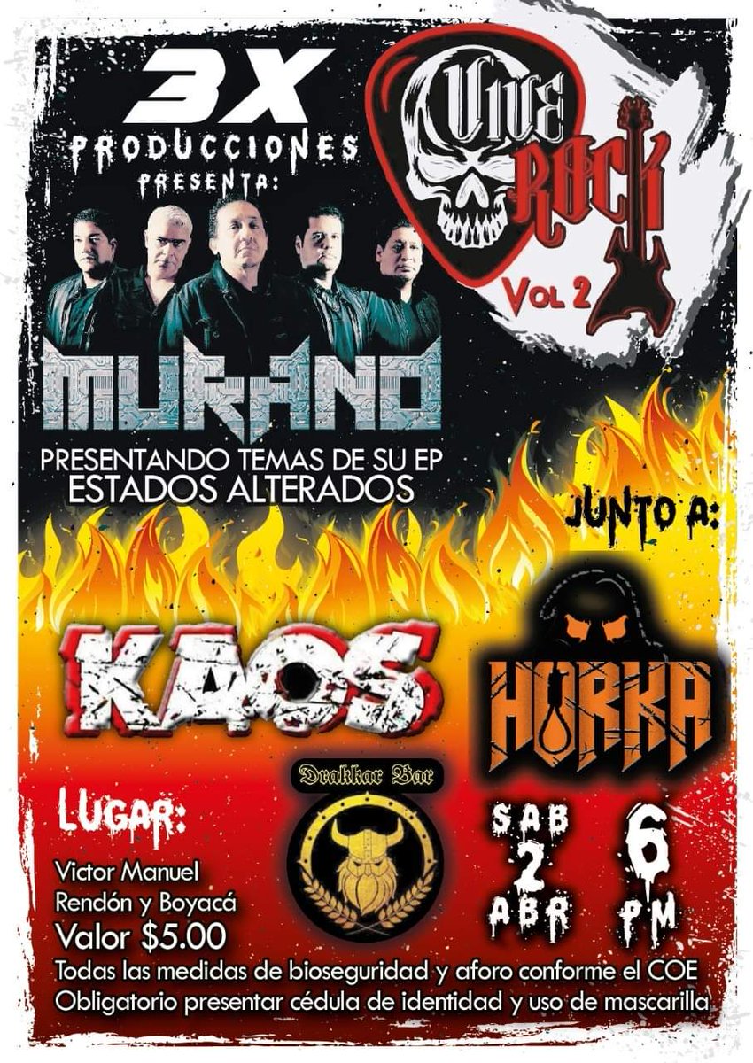 EcMurano's tweet photo. TODOS INVITADOS A UNA NOCHE DE METAL CON 3 BANDAS EMBLEMÁTICAS DE LA ESCENA METALERA DE GUAYAQUIL. KAOS (HARDCORE PUNK), HORKA (THRASH METAL) Y MURANO (HEAVY Y THRASH METAL) CON SUS NUEVOS TEMAS ADEMÁS DE COVERS DE ROCK Y METAL DE TODOS LOS TIEMPOS. NO FALTEN!LOS ESPERAMOS! 🤟🏽🎸 https://t.co/EuzjoNgqzv
