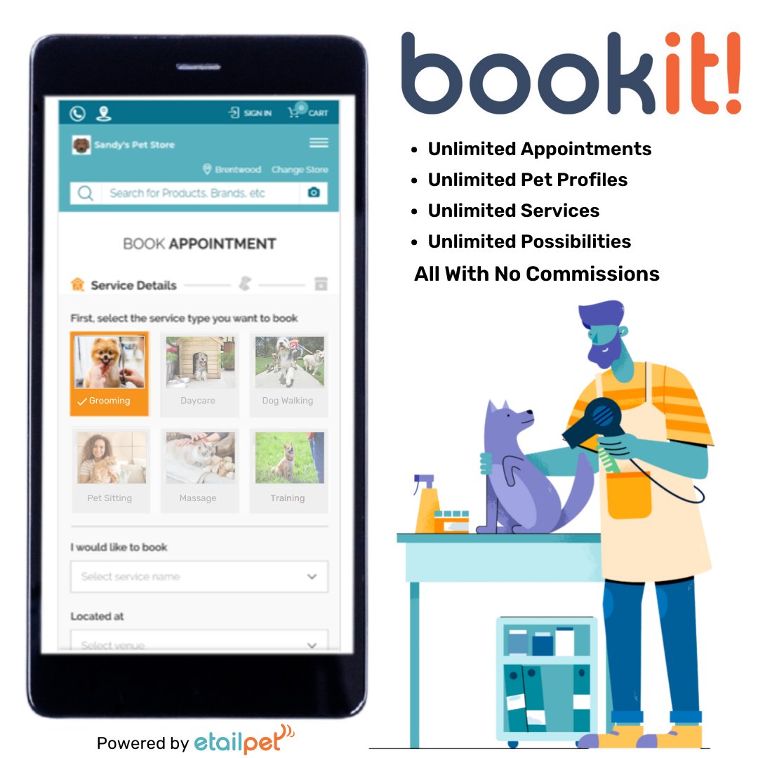 Etailpet1's tweet photo. eTailPet introduces Bookit! The appointment booking software created for your pet business. Unleash the possibilities today with a short demo: https://t.co/J5itCkVsIw
#petbusiness #petindustry #dogwalker #doggroomer #petsitter #doggydaycare  #petmassage #groomer #dogtrainer https://t.co/G2O08Iyqih