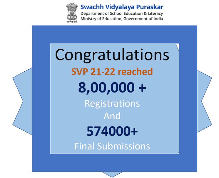 Seeing the tremendous response received for #SwachhVidyalayaPuraskar2022, the last date for application by schools has been extended to 15th April 2022. <a href="/EduMinOfIndia/">Ministry of Education</a> <a href="/SamagraShiksha/">SAMAGRA SHIKSHA MoE India</a>